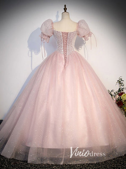 Shimmering Pink Sparkly Tulle Prom Dresses with Puffed Sleeve FD3516-prom dresses 2025 -Viniodress-Pink-Custom Size-