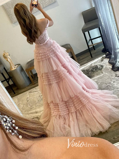 Shimmering Ruffle Prom Dresses Off the Shoulder Tiered Formal Gown FD3395-prom dresses 2025 -Viniodress-Pink-Custom Size-
