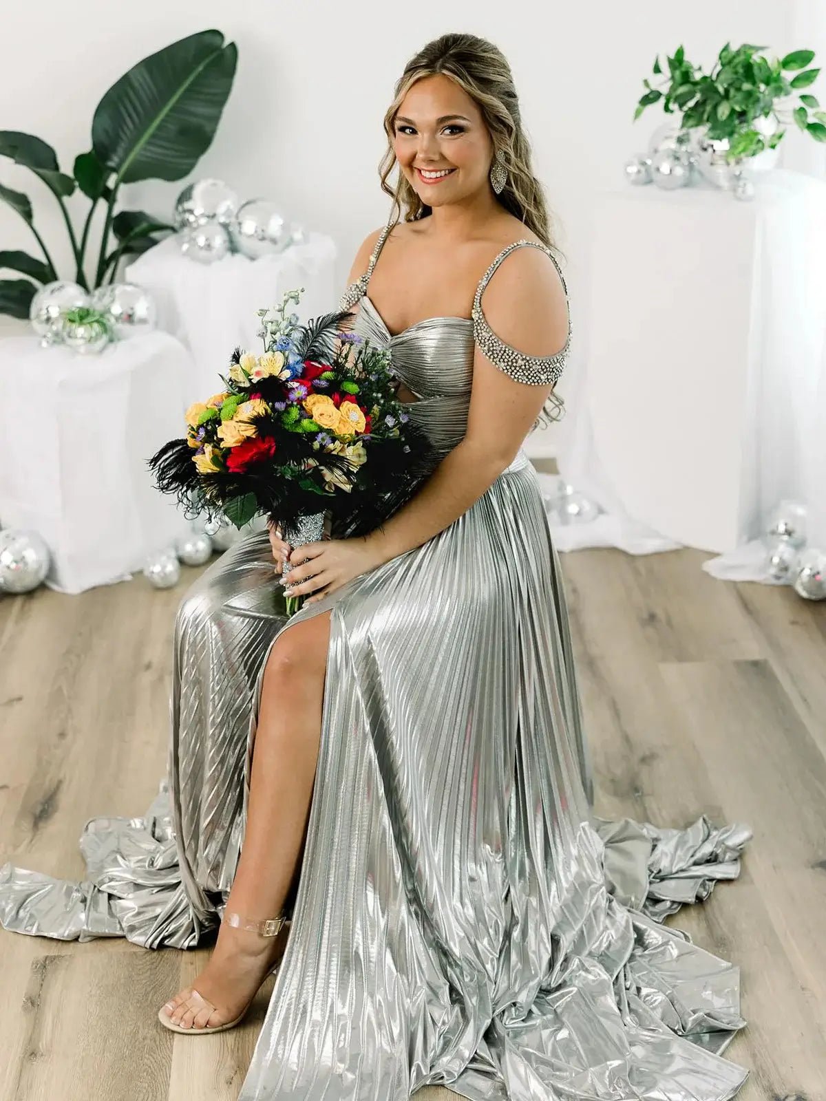Shimmering Satin Prom Dresses 2025 Beaded Shoulder Ruched Formal Gown with Slit - FD5134-prom dresses 2025 -Viniodress-Gold-Custom Size-