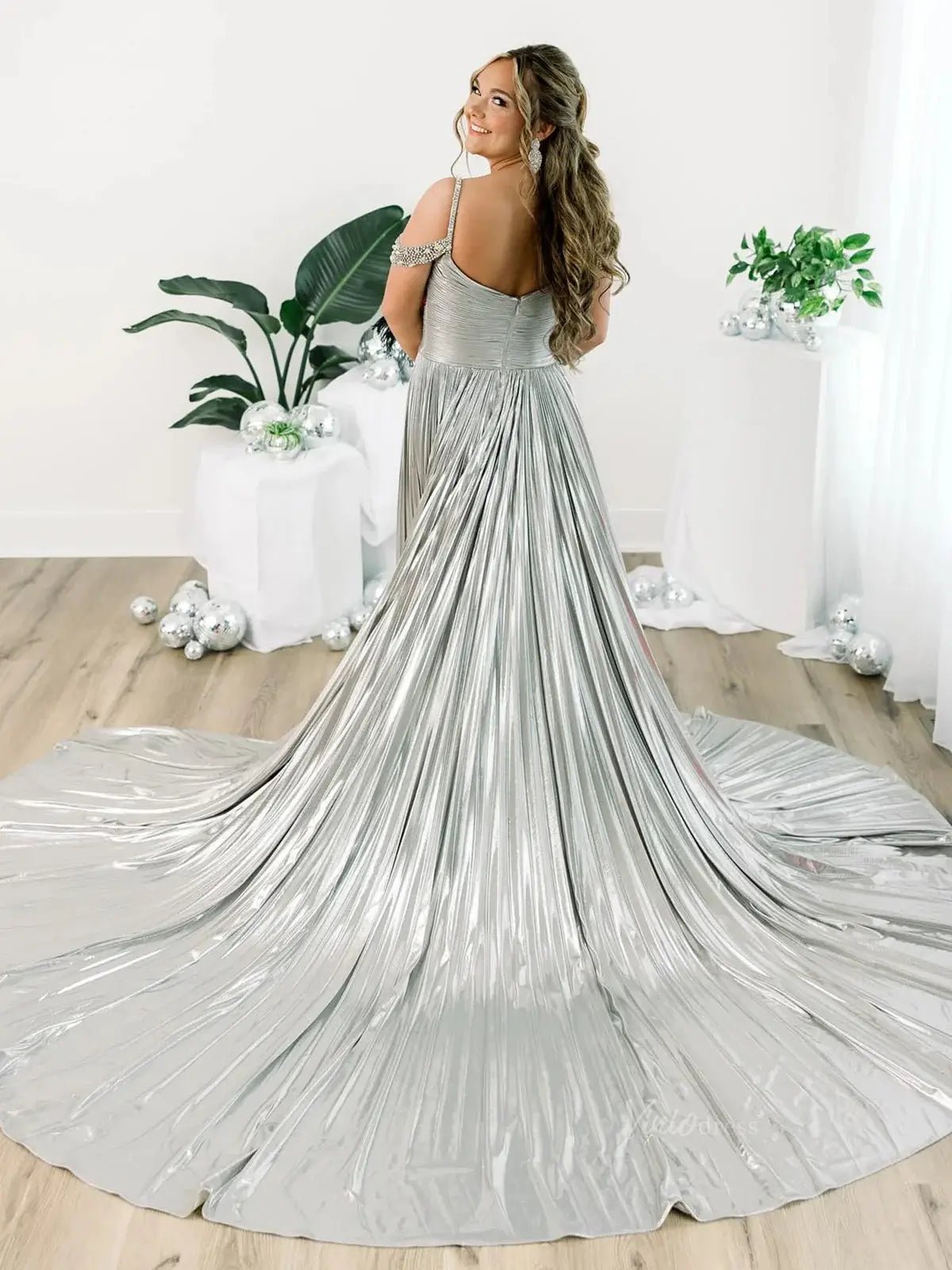 Shimmering Satin Prom Dresses 2025 Beaded Shoulder Ruched Formal Gown with Slit - FD5134-prom dresses 2025 -Viniodress-Gold-Custom Size-