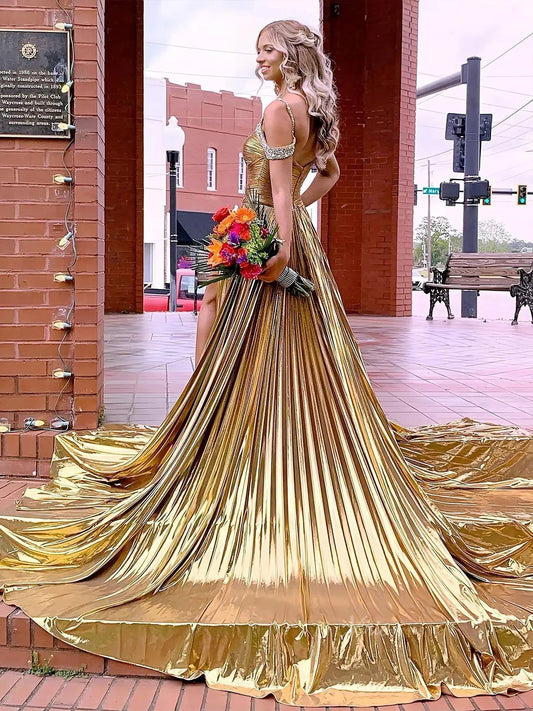 Shimmering Satin Prom Dresses 2025 Beaded Shoulder Ruched Formal Gown with Slit - FD5134-prom dresses 2025 -Viniodress-Gold-Custom Size-