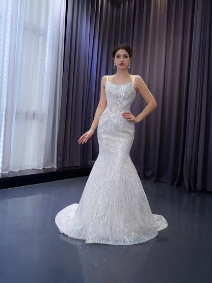 Shimmering Sequin Mermiad Wedding Dresses with Detachable Train and Spaghetti Strap 231049-wedding dresses 2025 -Viniodress-Ivory-Custom Size-
