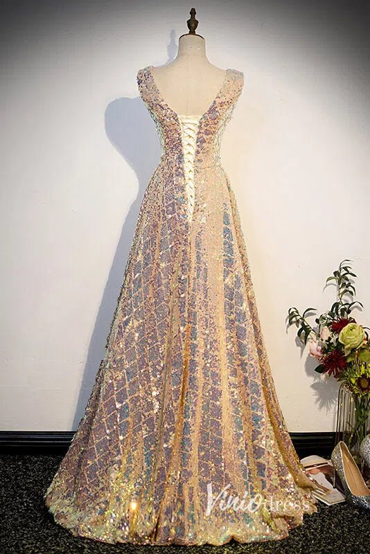 Shimmering Sequin Prom Dresses with V-Neck FD3513-prom dresses 2025 -Viniodress-Champagne-Custom Size-