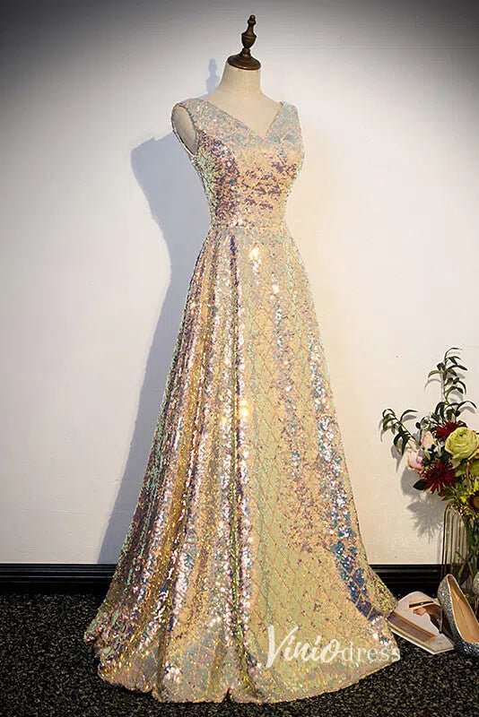 Shimmering Sequin Prom Dresses with V-Neck FD3513-prom dresses 2025 -Viniodress-Champagne-Custom Size-