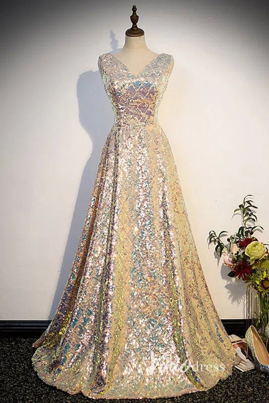 Shimmering Sequin Prom Dresses with V-Neck FD3513-prom dresses 2025 -Viniodress-Champagne-Custom Size-