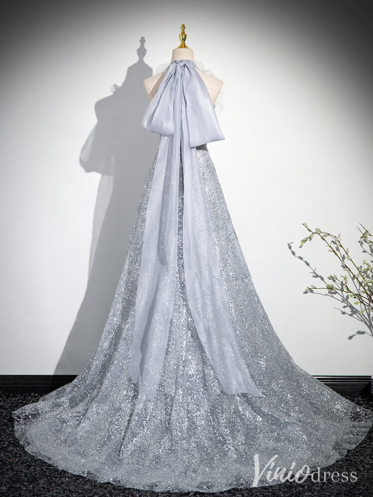 Shimmering Silver Halter Neck Prom Dresses Sparkly Tulle Bow-Tie Eveni – Viniodress