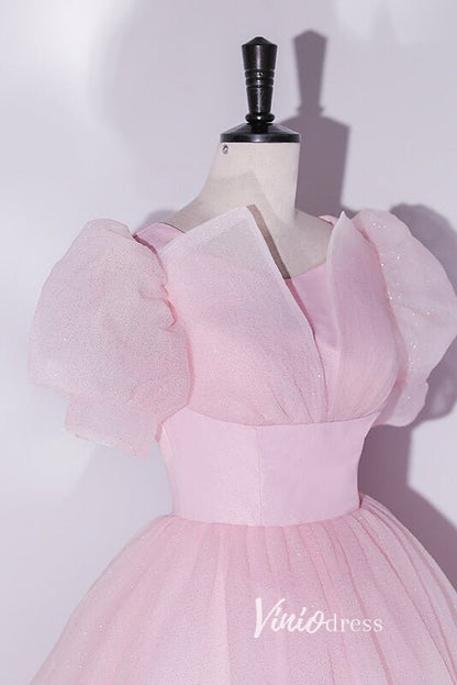 Shimmering Sparkly Tulle Prom Dresses with Puffed Sleeve FD3515-prom dresses 2025 -Viniodress-Pink-Custom Size-