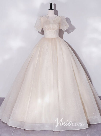 Shimmering Sparkly Tulle Prom Dresses with Puffed Sleeve FD3515-prom dresses 2025 -Viniodress-Champagne-Custom Size-