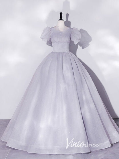Shimmering Sparkly Tulle Prom Dresses with Puffed Sleeve FD3515-prom dresses 2025 -Viniodress-Grey-Custom Size-