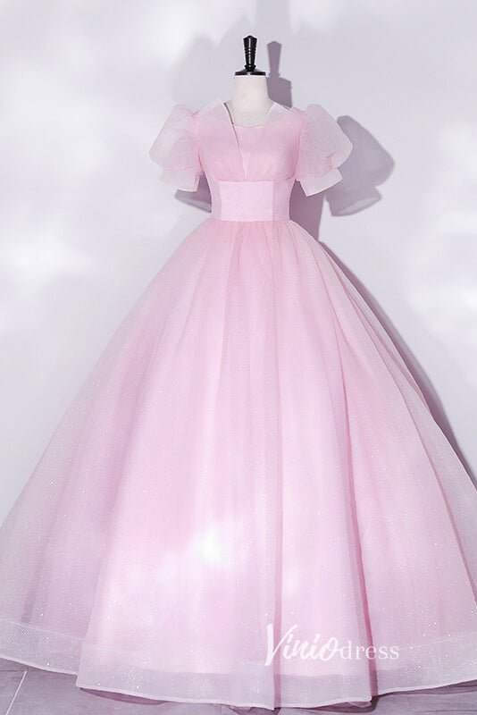 Shimmering Sparkly Tulle Prom Dresses with Puffed Sleeve FD3515-prom dresses 2025 -Viniodress-Pink-Custom Size-