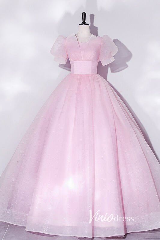 Shimmering Sparkly Tulle Prom Dresses with Puffed Sleeve FD3515-prom dresses 2025 -Viniodress-Pink-Custom Size-