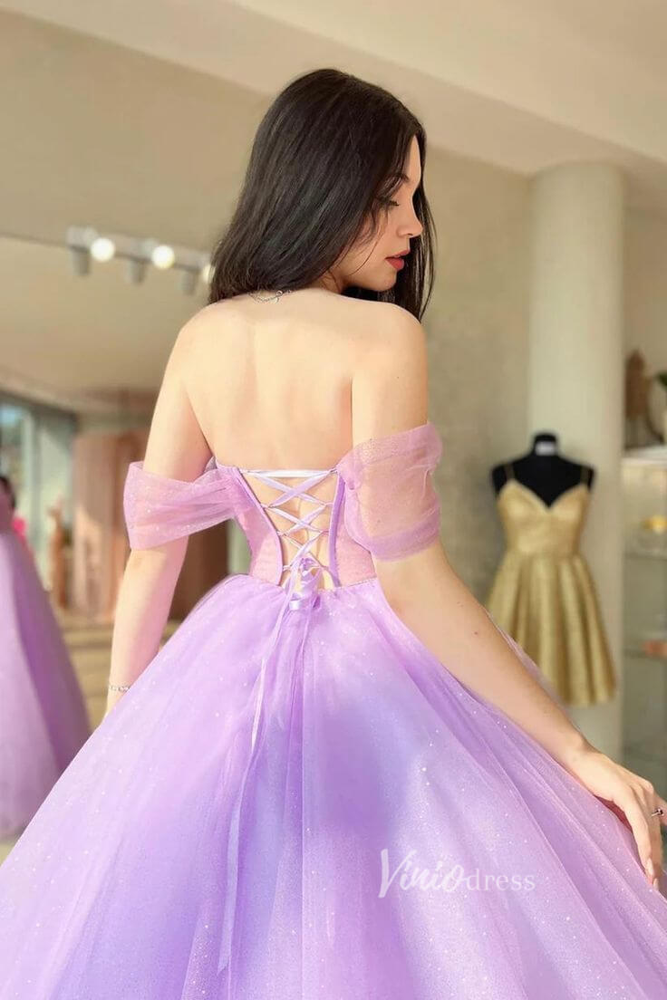 Shimmery Lilac Tulle Prom Dresses Off the Shoulder Ball Gowns FD1171-prom dresses 2025 -Viniodress-Lilac-Custom Size-