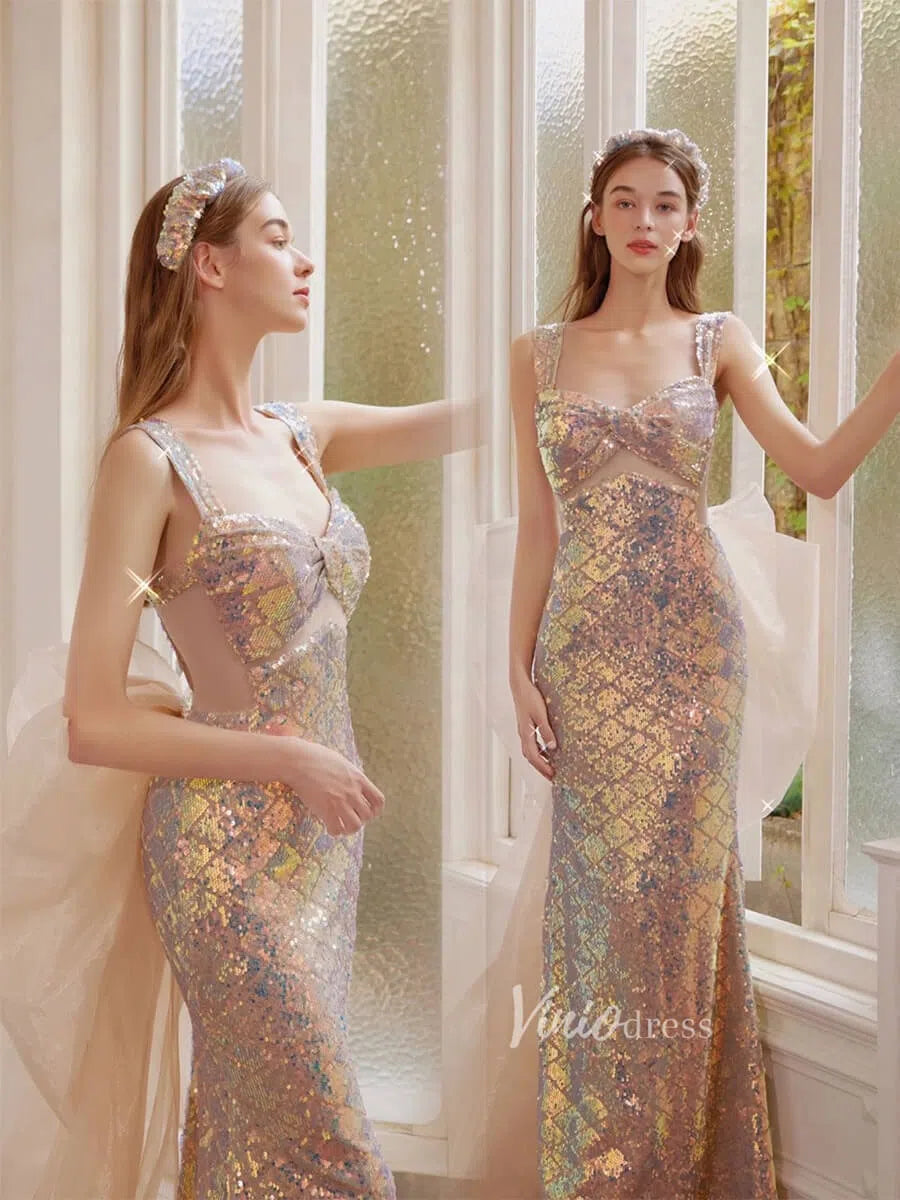 Shimmery Mermaid Prom Dresses with Removable Bow FD1185-prom dresses 2025 -Viniodress-Champagne-Custom Size-