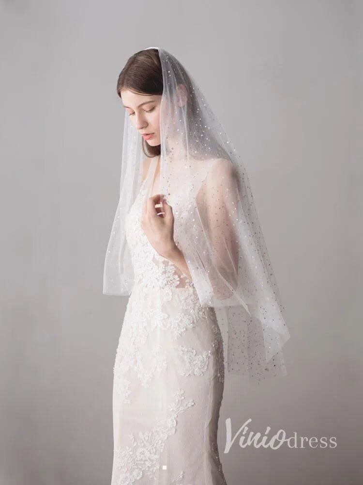 Shiny Bridal Veils with Gold Star Sparkly Wedding Veil ACC1042-Bridal Veil 2025 -Viniodress-Ivory-