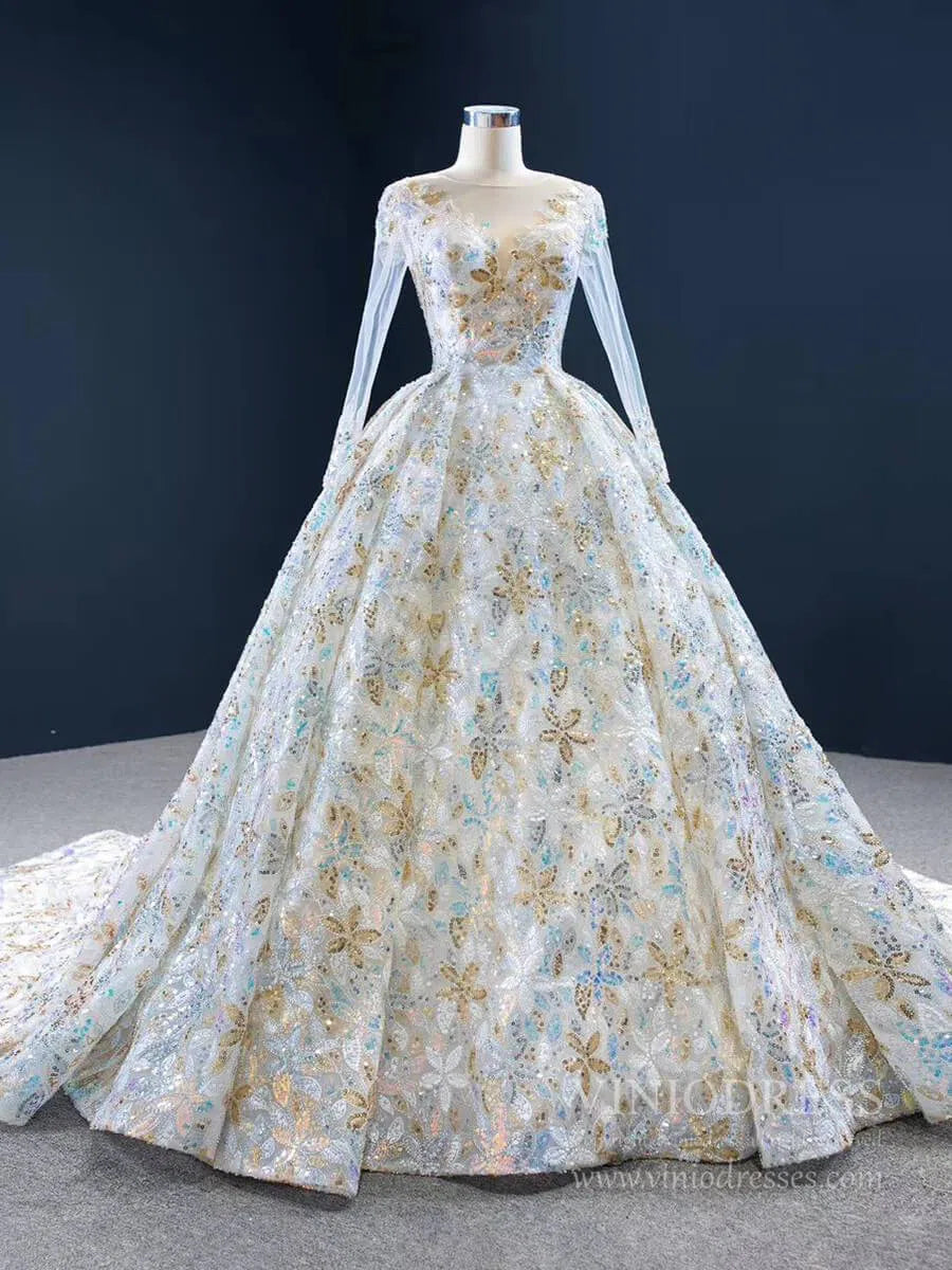 Shiny Floral Wedding Dress with Sleeves 67169 viniodress-wedding dresses 2025 -Viniodress-Champagne-Custom Size-