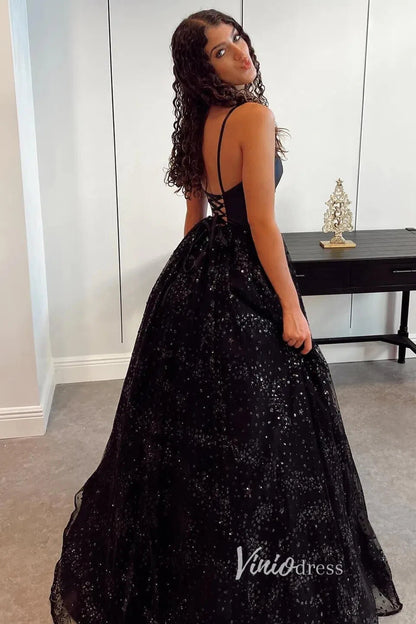 Shiny Light Blue Lace Long Prom Dresses FD1450-prom dresses 2025 -Viniodress-Light Blue-Custom Size-