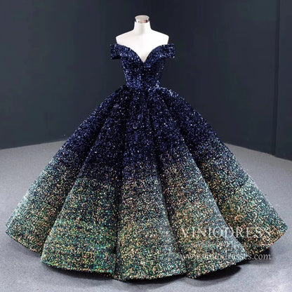 Shiny Sweet 16 Quinceañera Dress 66991 | Gradient Sequin Gown with Corset Back & Off-Shoulder-Quinceanera Dresses 2025 -Viniodress-Blue Gold-Custom Size-