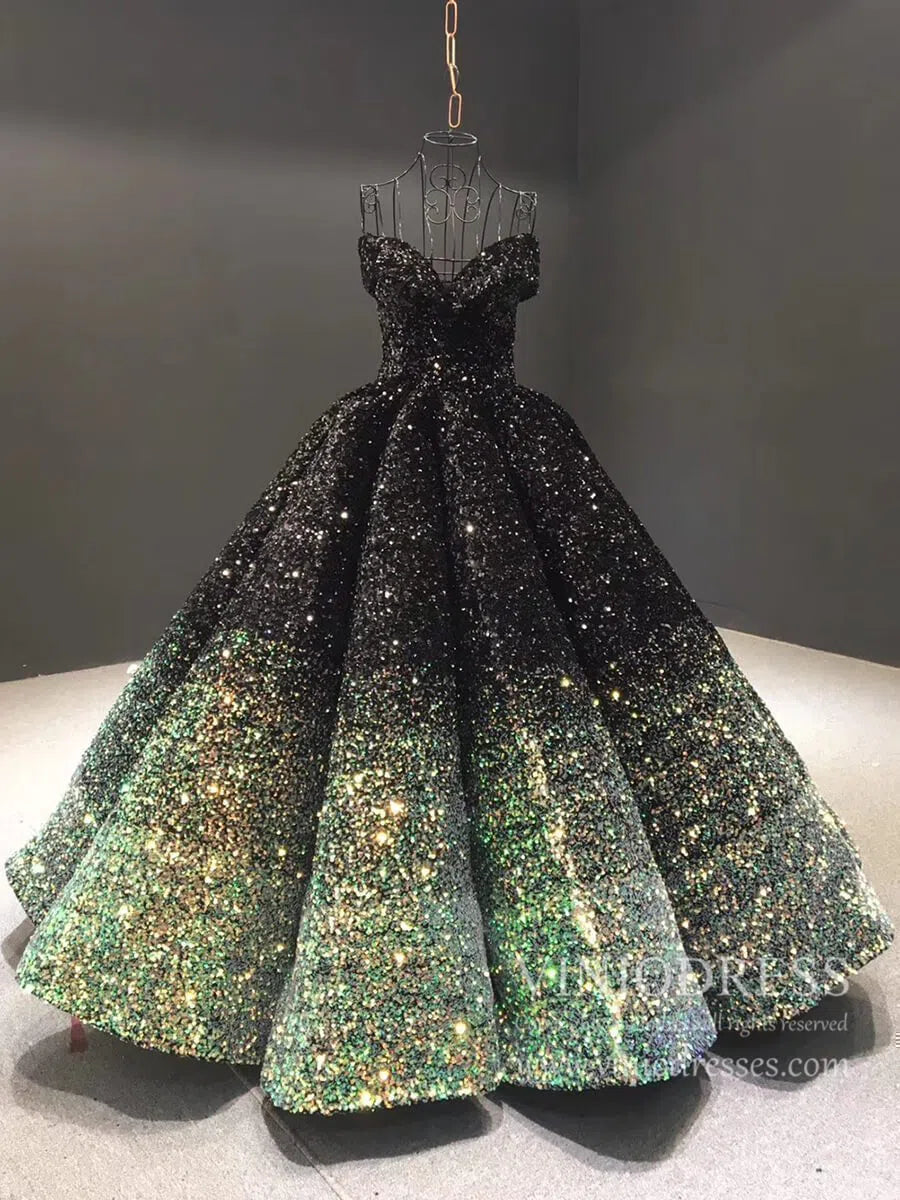 Shiny Sweet 16 Quinceañera Dress 66991 | Gradient Sequin Gown with Corset Back & Off-Shoulder-Quinceanera Dresses 2025 -Viniodress-Black Gold-Custom Size-