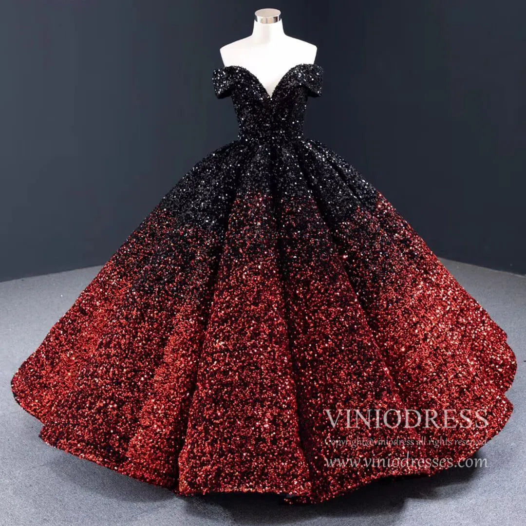 Shiny Sweet 16 Quinceañera Dress 66991 | Gradient Sequin Gown with Corset Back & Off-Shoulder-Quinceanera Dresses 2025 -Viniodress-Black Red-Custom Size-