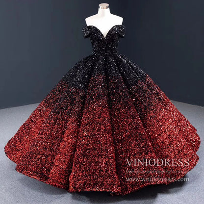 Shiny Sweet 16 Quinceañera Dress 66991 | Gradient Sequin Gown with Corset Back & Off-Shoulder-Quinceanera Dresses 2025 -Viniodress-Black Red-Custom Size-