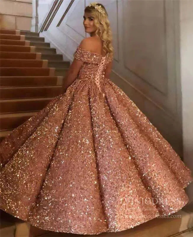 Shiny Sweet 16 Sequin Gowns Off the Shoulder Debutante Ball & Quincean – Viniodress