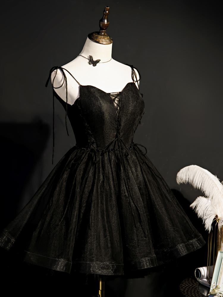 Short Black Homecoming Dresses SpaghettiStrap V-neck Cocktail Dress SD1375-Homecoming Dresses 2025 -VINIODRESS-US2-Black-