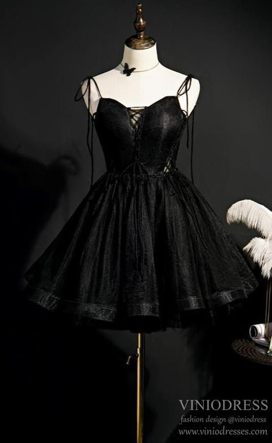 Short Black Homecoming Dresses SpaghettiStrap V-neck Cocktail Dress SD1375-Homecoming Dresses 2025 -VINIODRESS-US2-Black-