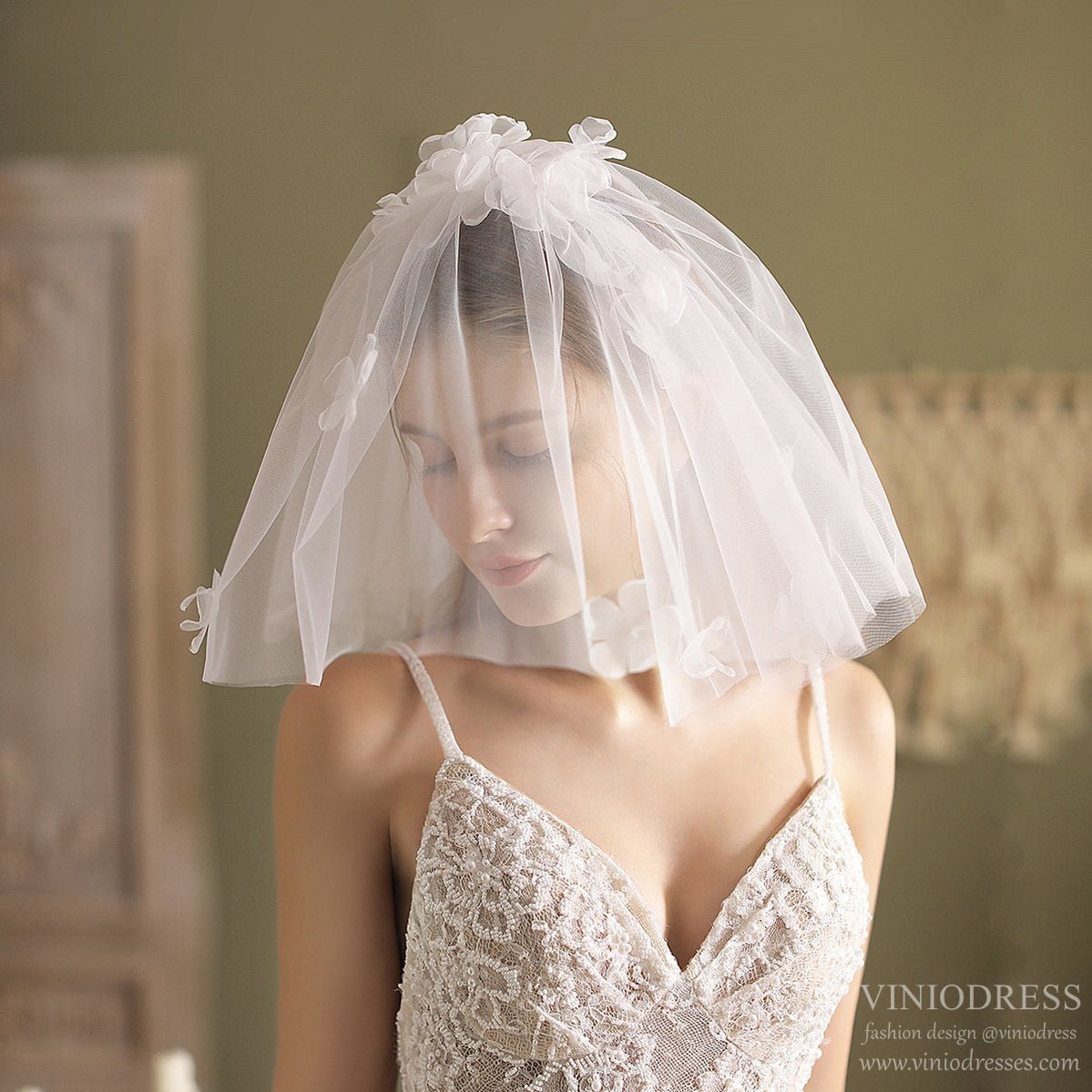 Short Floral Blusher Veils-Accessories 2025 -Viniodress-Ivory-