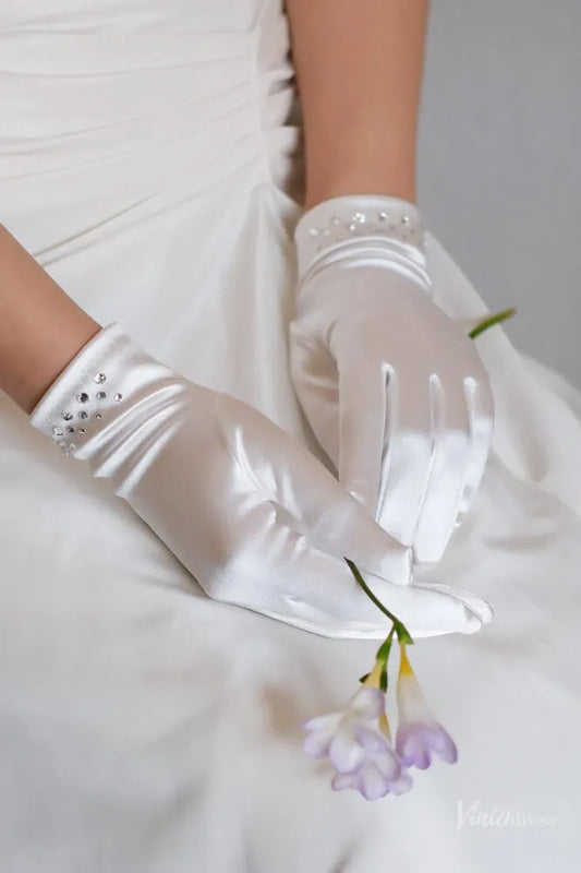 Short Satin Bridal Gloves with Crystal Cuff WG156-Bridal Gloves 2026-Viniodress-Ivory-