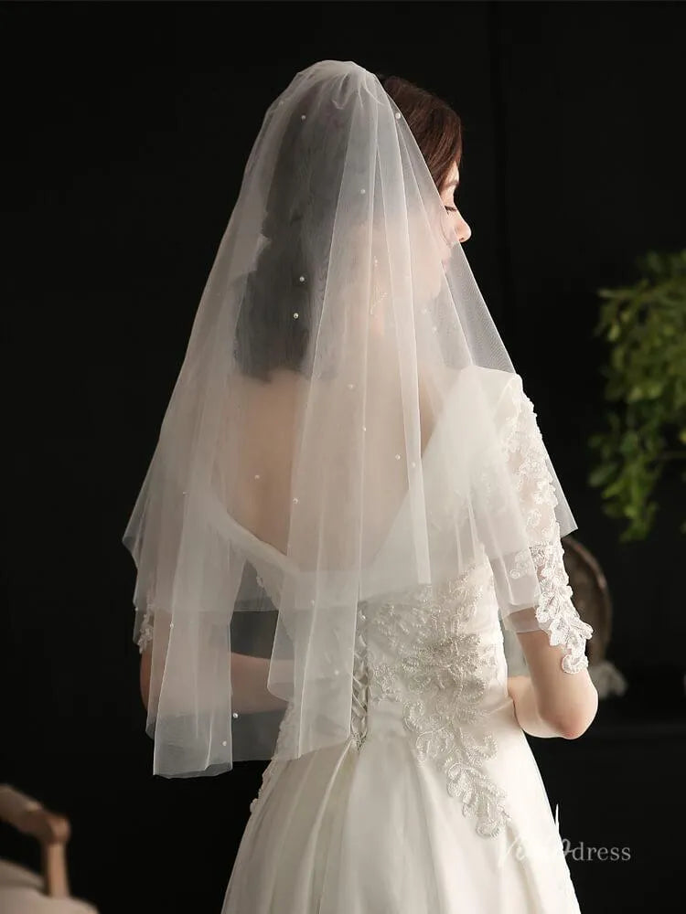 Short Tulle Bridal Blusher Veils with Pearls Viniodress AC1297-Bridal Veil 2025 -Viniodress-Ivory-