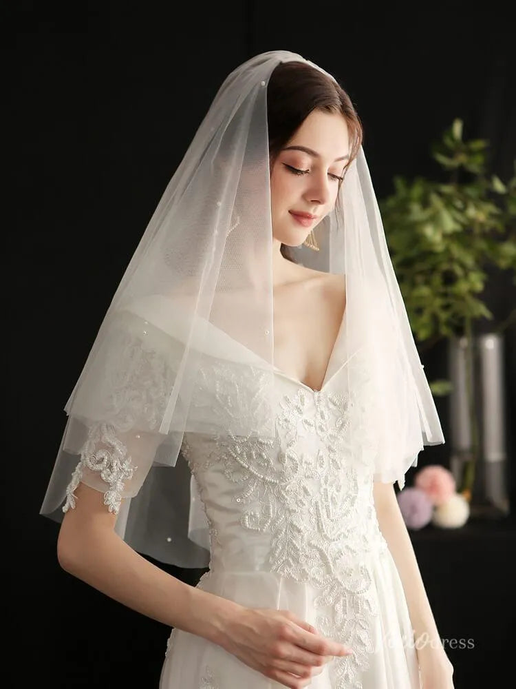 Short Tulle Bridal Blusher Veils with Pearls Viniodress AC1297-Bridal Veil 2025 -Viniodress-Ivory-