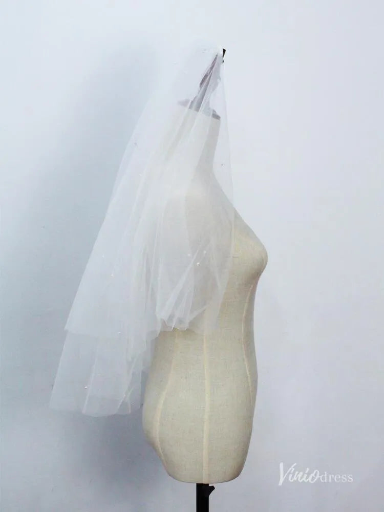 Short Tulle Bridal Blusher Veils with Pearls Viniodress AC1297-Bridal Veil 2025 -Viniodress-Ivory-