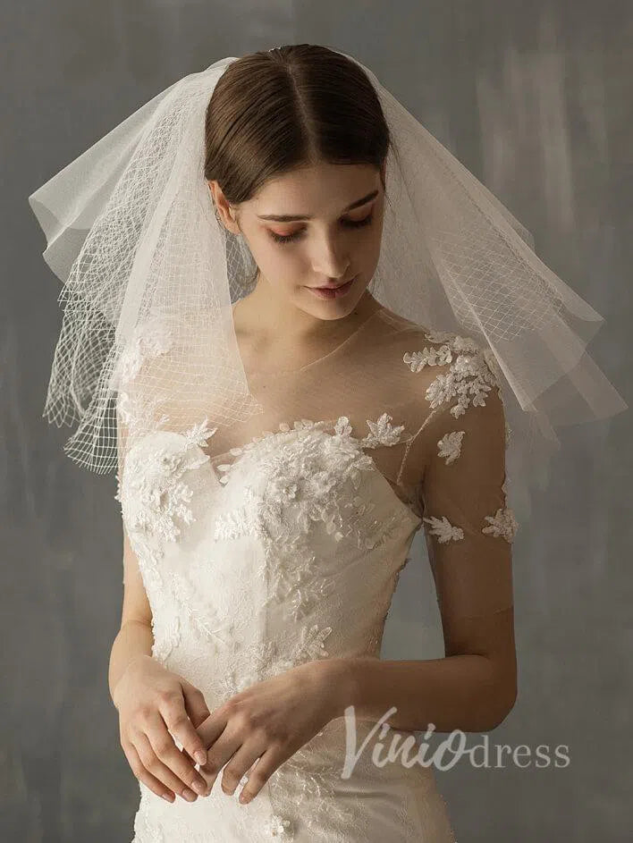 Shoulder Length Short Bridal Veils AC1001-Bridal Veil 2025 -Viniodress-Ivory-