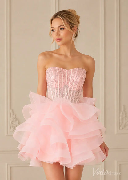 Pink strapless mini dress S26099 with a beaded corset bodice and ruffled organza skirt.