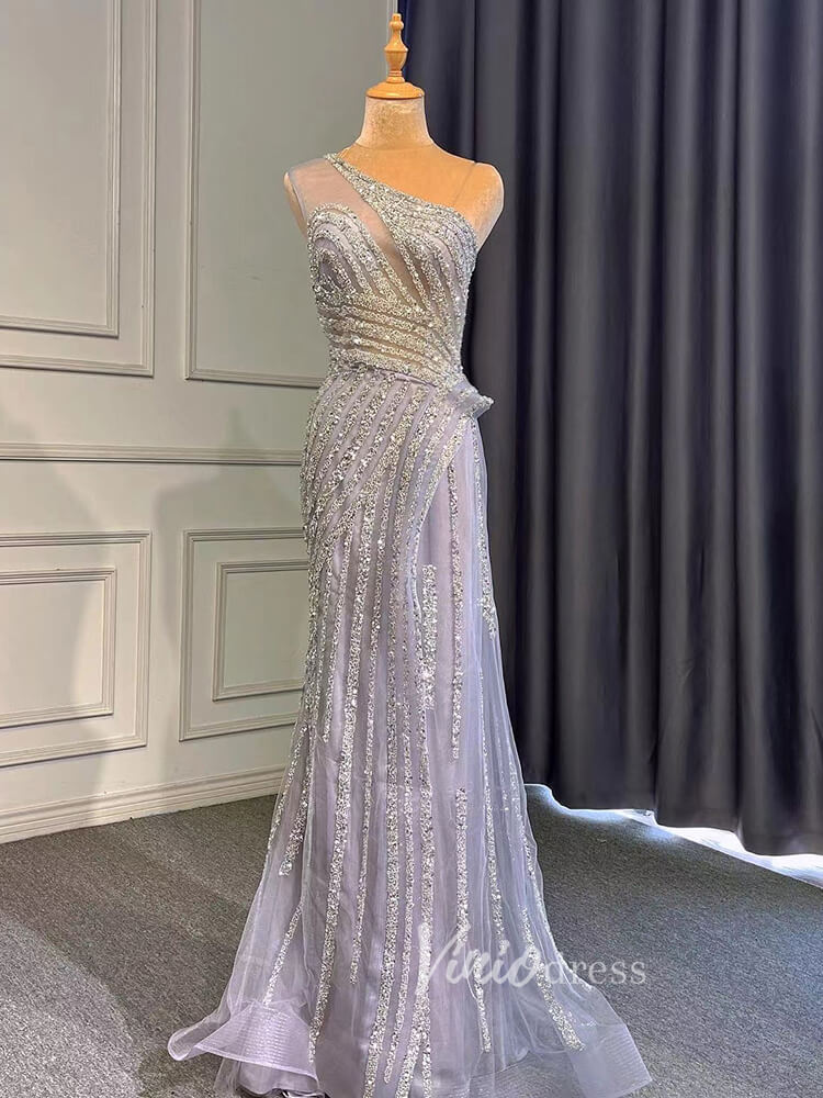 Silver Beaded Prom Dressses One Shoulder Sheath Evening Dress 20008 – Viniodress
