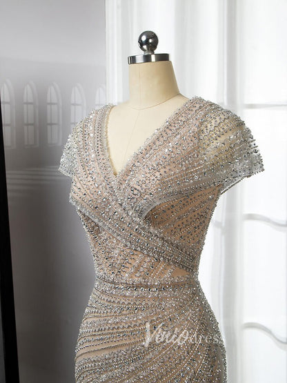 Silver Beaded Prom Dressses V-neck Cap Sleeve Sheath Evening Dress 20001-Evening Dresses 2025 -Viniodress-Champagne-US 2-