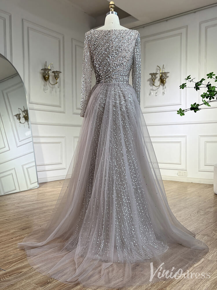 Silver Beaded Removable Overskirt Prom Dresses Mermaid Long Sleeve Pageant Dress 20229-Evening Dresses 2025 -Viniodress-Grey-US 2-