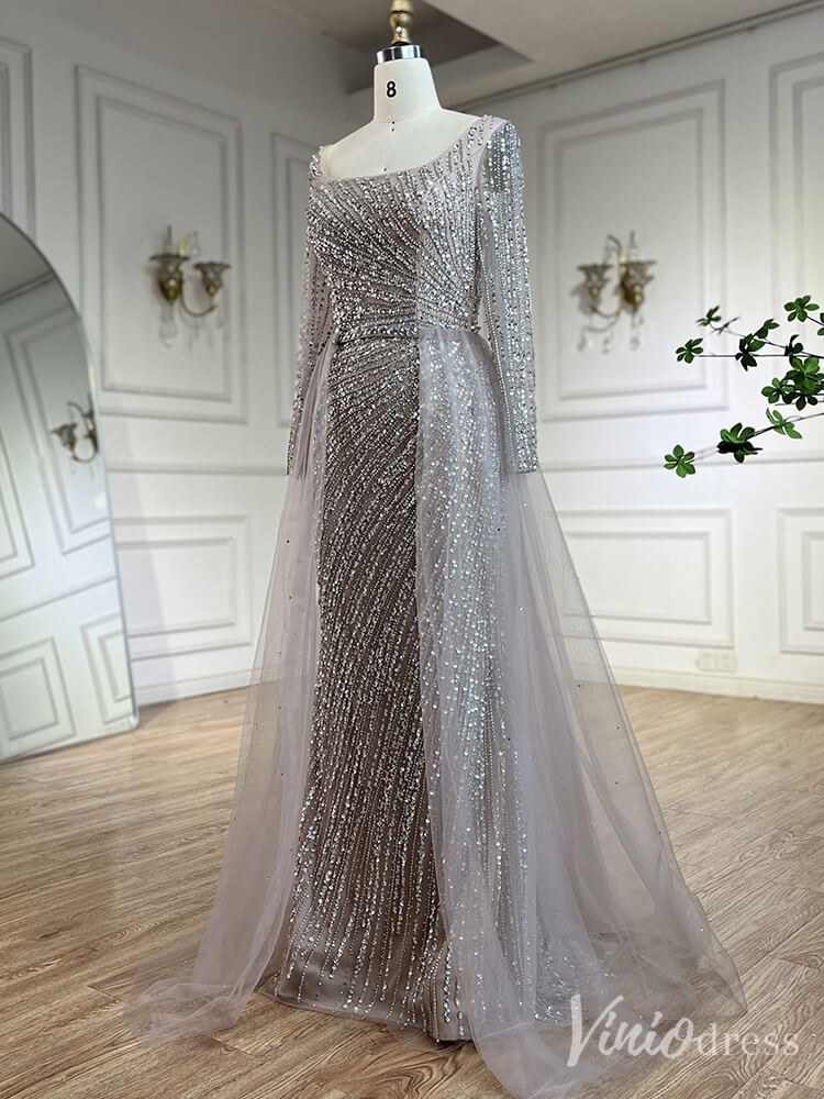 Silver Beaded Removable Overskirt Prom Dresses Mermaid Long Sleeve Pag – Viniodress