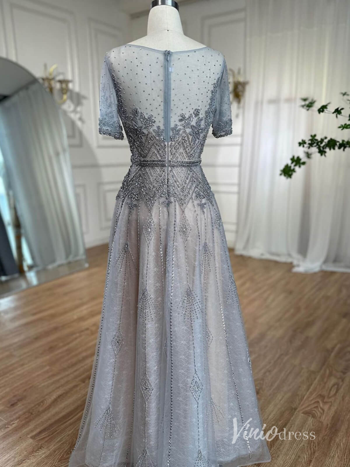 Silver Beaded Short Sleeve Evening Dresses A-Line Boat Neck Mother of the Bride Dress AD1132-Evening Dresses 2025 -Viniodress-Silver-US 2-