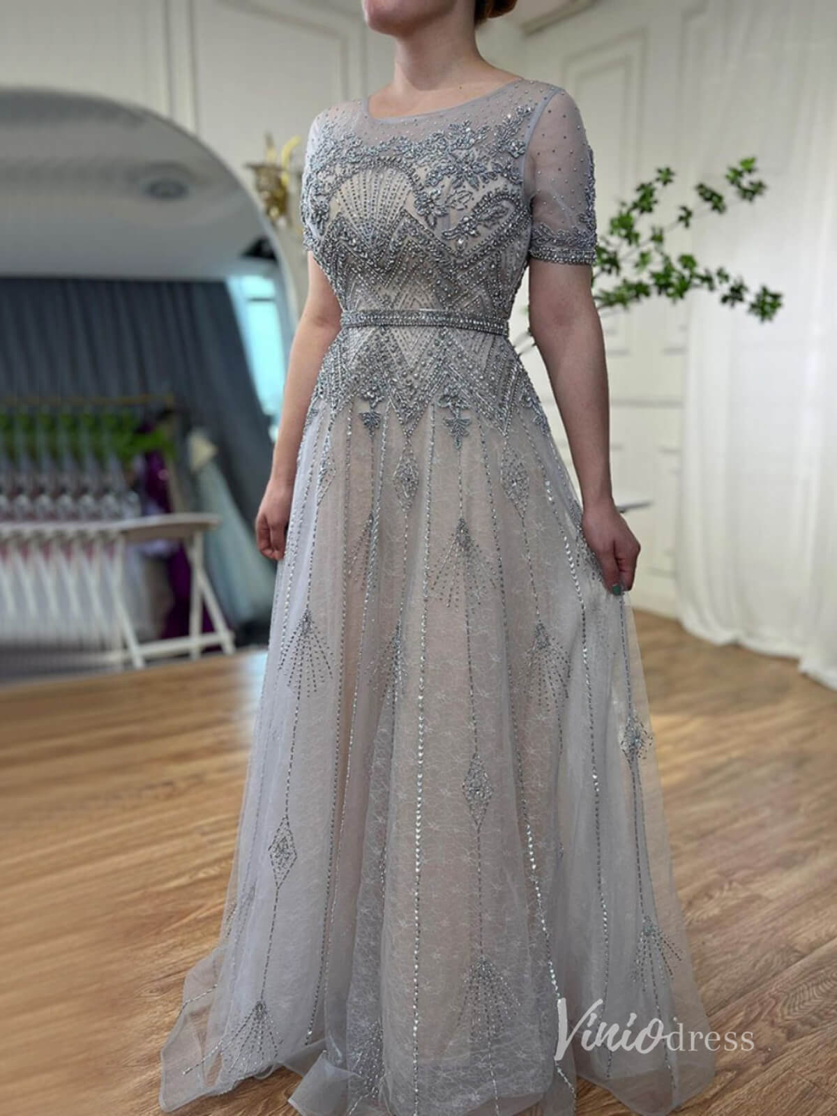 Silver Beaded Short Sleeve Evening Dresses A-Line Boat Neck Mother of – Viniodress