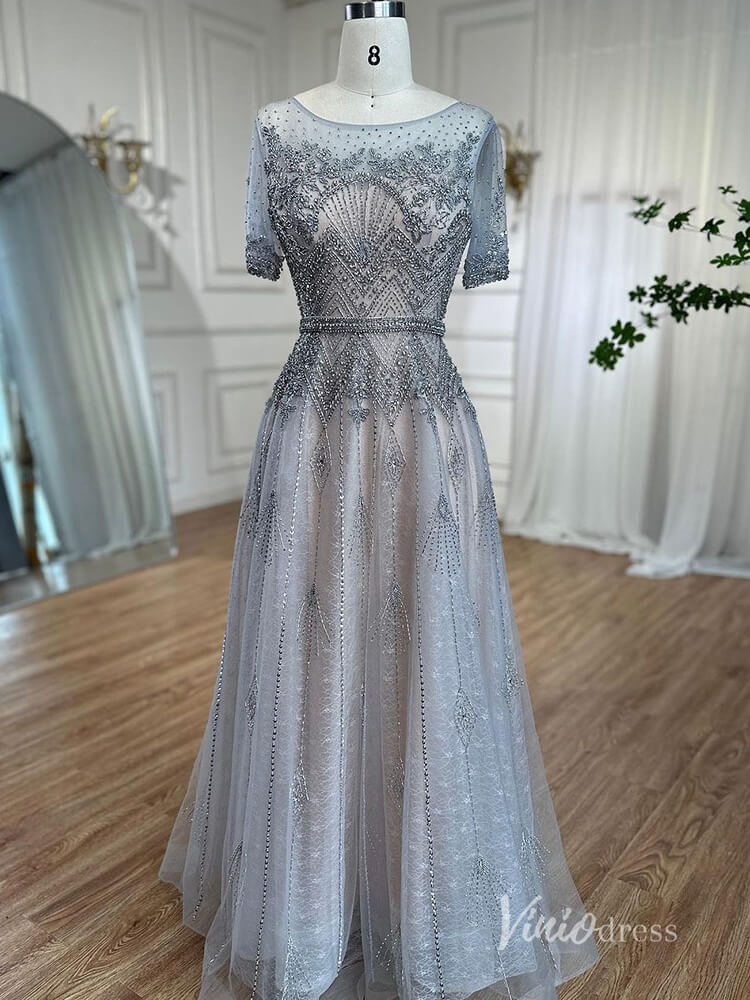 Silver Beaded Short Sleeve Evening Dresses A-Line Boat Neck Mother of – Viniodress