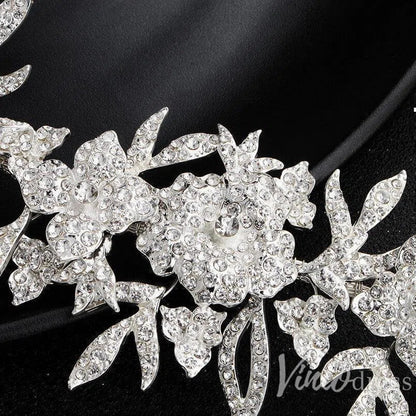 Silver Crystal Floral Bridal Sash with Ivory Ribbon ACC1144-Sashes & Belts 2025 -Viniodress-Silver-