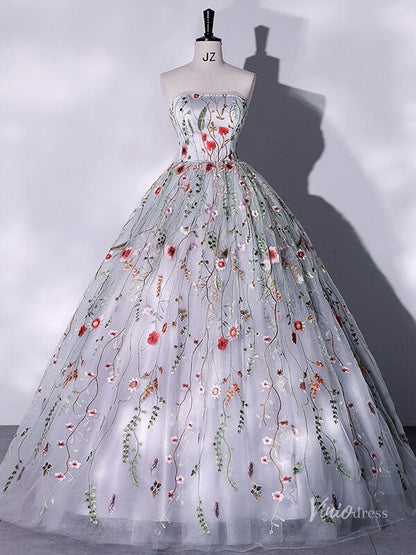 Silver Lace Applique Prom Ball Gown Strapless Floral Quinceanera Dresses BG063-prom dresses 2025 -Viniodress-Silver-Custom Size-