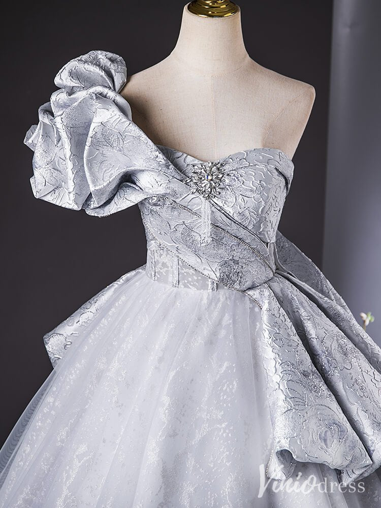 Silver One Shoulder Ruffled Quinceanera Dresses with Overskirt Lace Ball Gown AD1381-prom dresses 2025 -Viniodress-Silver-Custom Size-