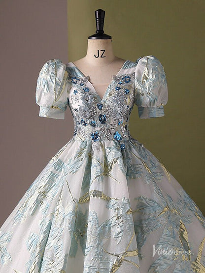Silver Prom Ball Gown with Light Blue Floral Jacquard V-Neck Quinceanera Dresses BG061-prom dresses 2025 -Viniodress-Silver-Custom Size-