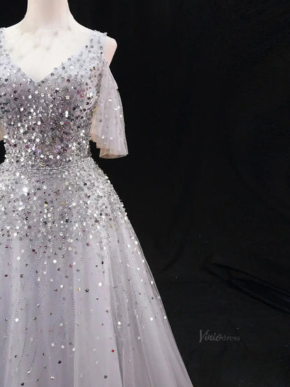 Silver Tulle Prom Dresses with V-Neck, Beaded Bodice, Formal Dresses SU062-prom dresses 2025 -Viniodress-Silver-Custom Size-