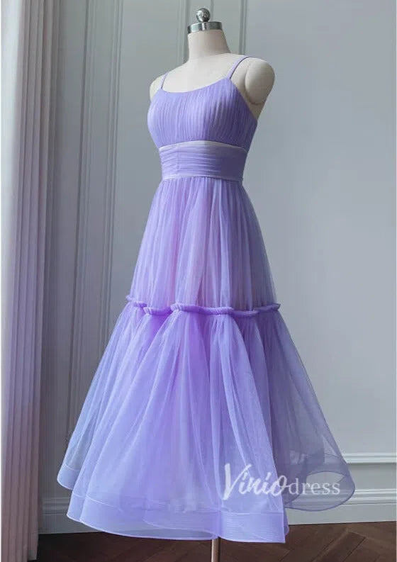 Simple A-Line Tea-Length Tulle Prom Dress | Spaghetti Strap Pleated Party Dress FD1816-prom dresses 2025 -Viniodress-Sage-Custom Size-