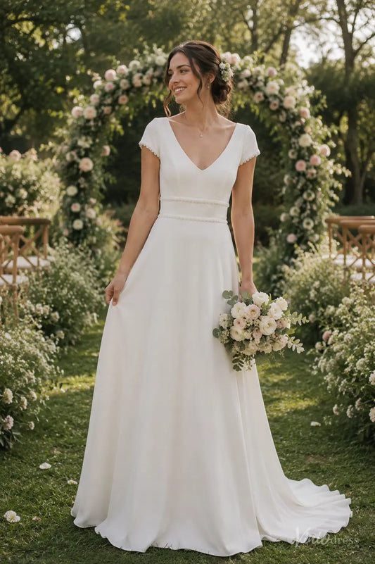 Simple A-Line Wedding Dress with Cap Sleeves, V-Neck & Open V-Back MS191