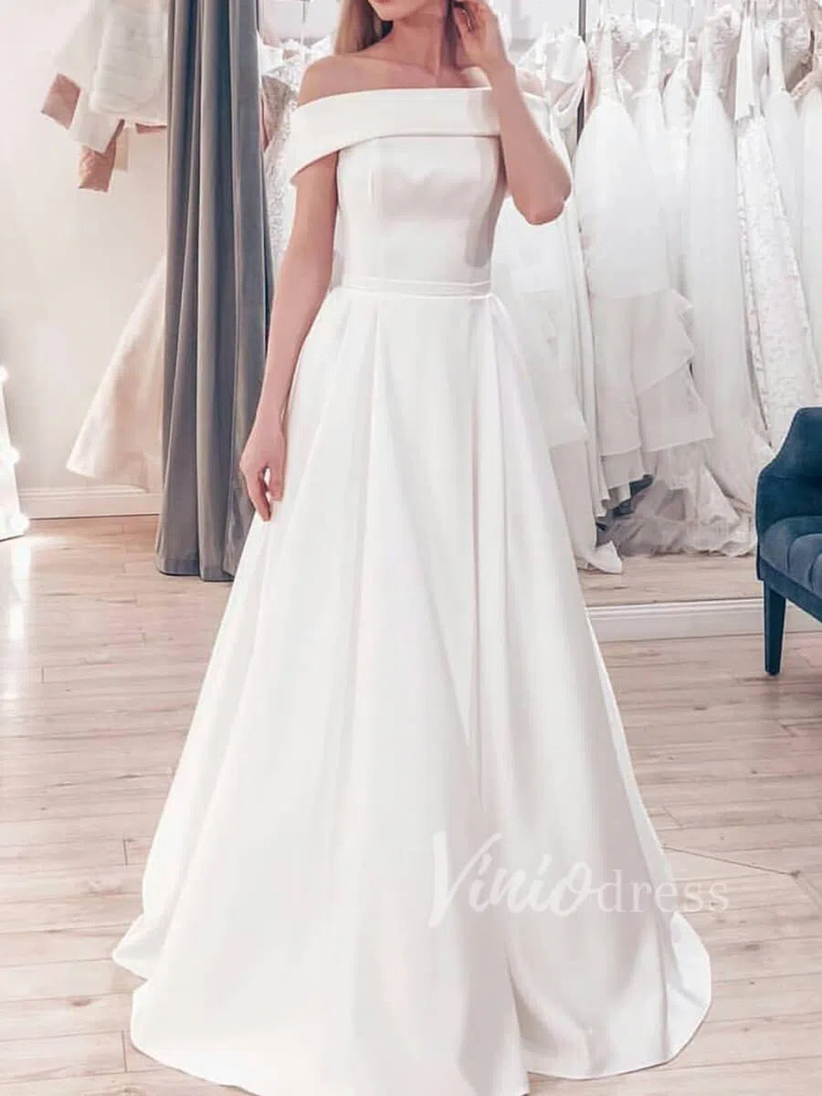 Simple Elegant Satin Wedding Dresses Off the Shoulder VW1256-wedding dresses-Viniodress-Ivory-Custom Size-Viniodress