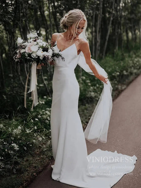 Simple Elegant Sheath Elopement Wedding Dress with Veil Minimalist Spa – Viniodress